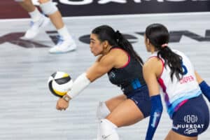 Omaha Supernova Camila Gomez (10) passes the ball against the Grand Rapids Rise during a professional volleyball match Sunday, March 30, 2025 in Omaha, Nebraska. Photo by John S. Peterson.