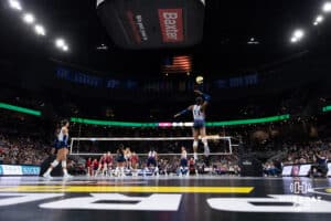 Omaha Supernova Kelsie Payne (11) serves the ball against the Grand Rapids Rise during a professional volleyball match Sunday, March 30, 2025 in Omaha, Nebraska. Photo by John S. Peterson.