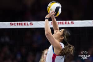 Omaha Supernova Natalia Valentin-Anderson (1) sets the ball against the Grand Rapids Rise during a professional volleyball match Sunday, March 30, 2025 in Omaha, Nebraska. Photo by John S. Peterson.