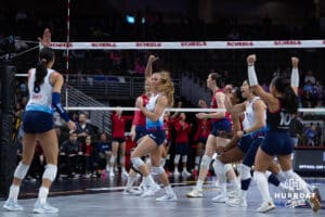Omaha Supernovas celebrate a point against the Grand Rapids Rise during a professional volleyball match Sunday, March 30, 2025 in Omaha, Nebraska. Photo by John S. Peterson.
