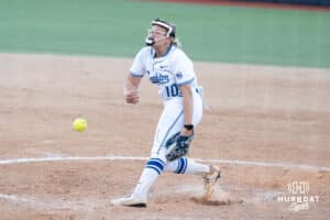 Creighton Bluejays Brooke Shifflett pitches during a college softball game against UCONN on March 28th, 2025 in Omaha, Nebraska. Photo by Brandon Tiedemann.