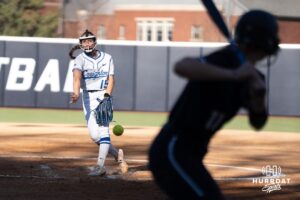 Creighton Bluejays Brooklyn Patchen pitches during a college softball game against UCONN on March 28th, 2025 in Omaha, Nebraska. Photo by Brandon Tiedemann.