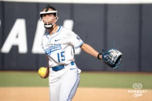 Creighton Bluejays Brooklyn Patchen pitches during a college softball game against UCONN on March 28th, 2025 in Omaha, Nebraska. Photo by Brandon Tiedemann.