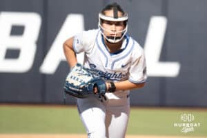 Creighton Bluejays Brooklyn Patchen waits to pitch during a college softball game against UCONN on March 28th, 2025 in Omaha, Nebraska. Photo by Brandon Tiedemann.