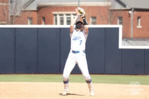 Creighton Bluejays Ashley Smetter catches a pop up during a college softball game against UCONN on March 28th, 2025 in Omaha, Nebraska. Photo by Brandon Tiedemann.