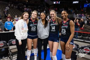Current and former Huskers, Bergen Reilly, Lindsay Krause, Harper Murray, Ally Batenhorst, and Kaitlyn Hord, pose for a photo after the Supernovas sweep the Thirll during a professional volleyball match Friday, March 28, 2025 in Omaha, Nebraska. Photo by John S. Peterson.