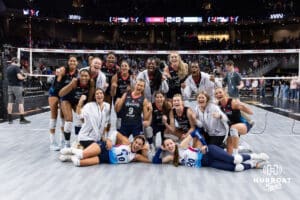 Omaha Supernovas pose for a group photo after sweeping Vegas Thrill during a professional volleyball match Friday, March 28, 2025 in Omaha, Nebraska. Photo by John S. Peterson.