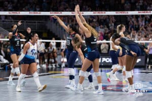 Omaha Supernovas celebrate match point in set three against the Vegas Thrill during a professional volleyball match Friday, March 28, 2025 in Omaha, Nebraska. Photo by John S. Peterson.