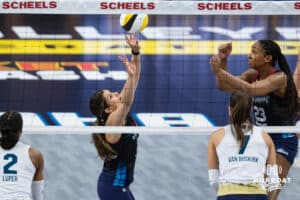 Omaha Supernovas Natalia Valentin-Anderson (1) sets the ball against the Vegas Thrill during a professional volleyball match Friday, March 28, 2025 in Omaha, Nebraska. Photo by John S. Peterson.