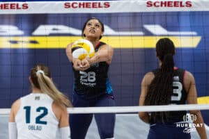 Omaha Supernovas Kayla Caffey (28) digs the ball against Vegas Thrill during a professional volleyball match Friday, March 28, 2025 in Omaha, Nebraska. Photo by John S. Peterson.