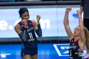 Omaha Supernovas Kelsie Payne (11) celebrates a point against the Vegas Thrill in the second set during a professional volleyball match Friday, March 28, 2025 in Omaha, Nebraska. Photo by John S. Peterson.