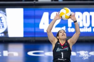 Omaha Supernovas Natalia Valentin-Anderson (1) sets the ball against the Vegas Thrill in the second set during a professional volleyball match Friday, March 28, 2025 in Omaha, Nebraska. Photo by John S. Peterson.