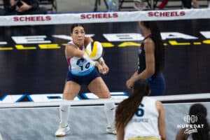 Omaha Supernovas Camila Gomez (10) passes the ball against the Vegas Thrillin the second set during a professional volleyball match Friday, March 28, 2025 in Omaha, Nebraska. Photo by John S. Peterson.