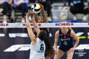 Omaha Supernovas Kaitlyn Hord (23) battles against Vegas Thrill Alisha Glass Childress (6) at the net in the second set during a professional volleyball match Friday, March 28, 2025 in Omaha, Nebraska. Photo by John S. Peterson.