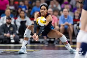 Omaha Supernovas Reagan Cooper (8) passes the ball against Vegas Thrill in the first set during a professional volleyball match Friday, March 28, 2025 in Omaha, Nebraska. Photo by John S. Peterson.