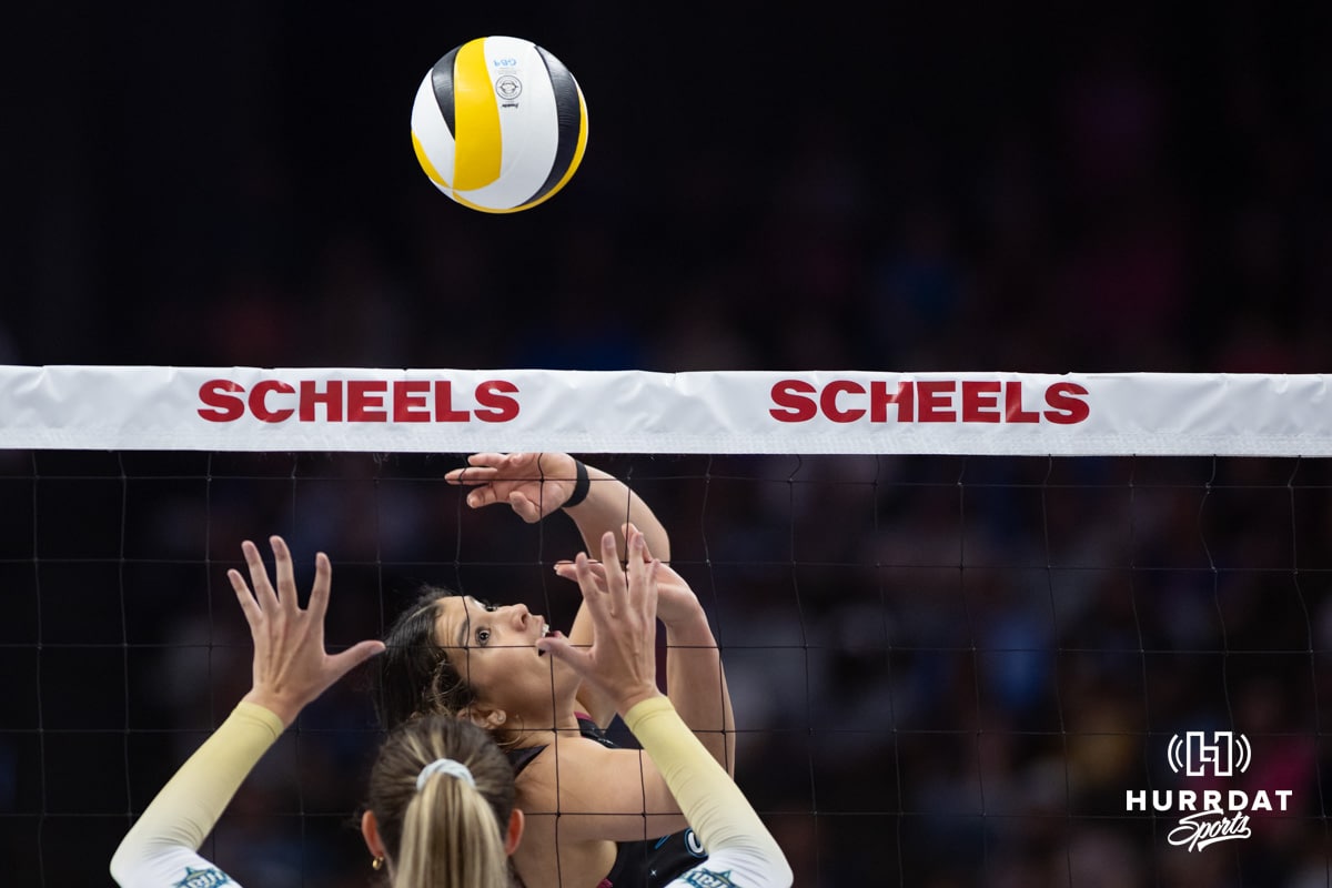 Omaha Supernovas Natalia Valentin-Anderson (1) hits the ball over the net against the Vegas Thrill in the first set during a professional volleyball match Friday, March 28, 2025 in Omaha, Nebraska. Photo by John S. Peterson.
