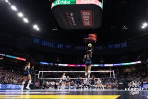 Omaha Supernovas Kelsie Payne (11) serves the ball against the Vegas Thrill in the first set during a professional volleyball match Friday, March 28, 2025 in Omaha, Nebraska. Photo by John S. Peterson.