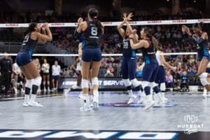 Omaha Supernovas celebrate their first point against the Vegas Thrill during a professional volleyball match Friday, March 28, 2025 in Omaha, Nebraska. Photo by John S. Peterson.