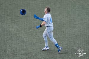 Creighton Bluejays Ben North celebrates his seconds homerun during a college baseball game against Omaha on March 25th, 2025 in Omaha, Nebraska. Photo by Brandon Tiedemann.