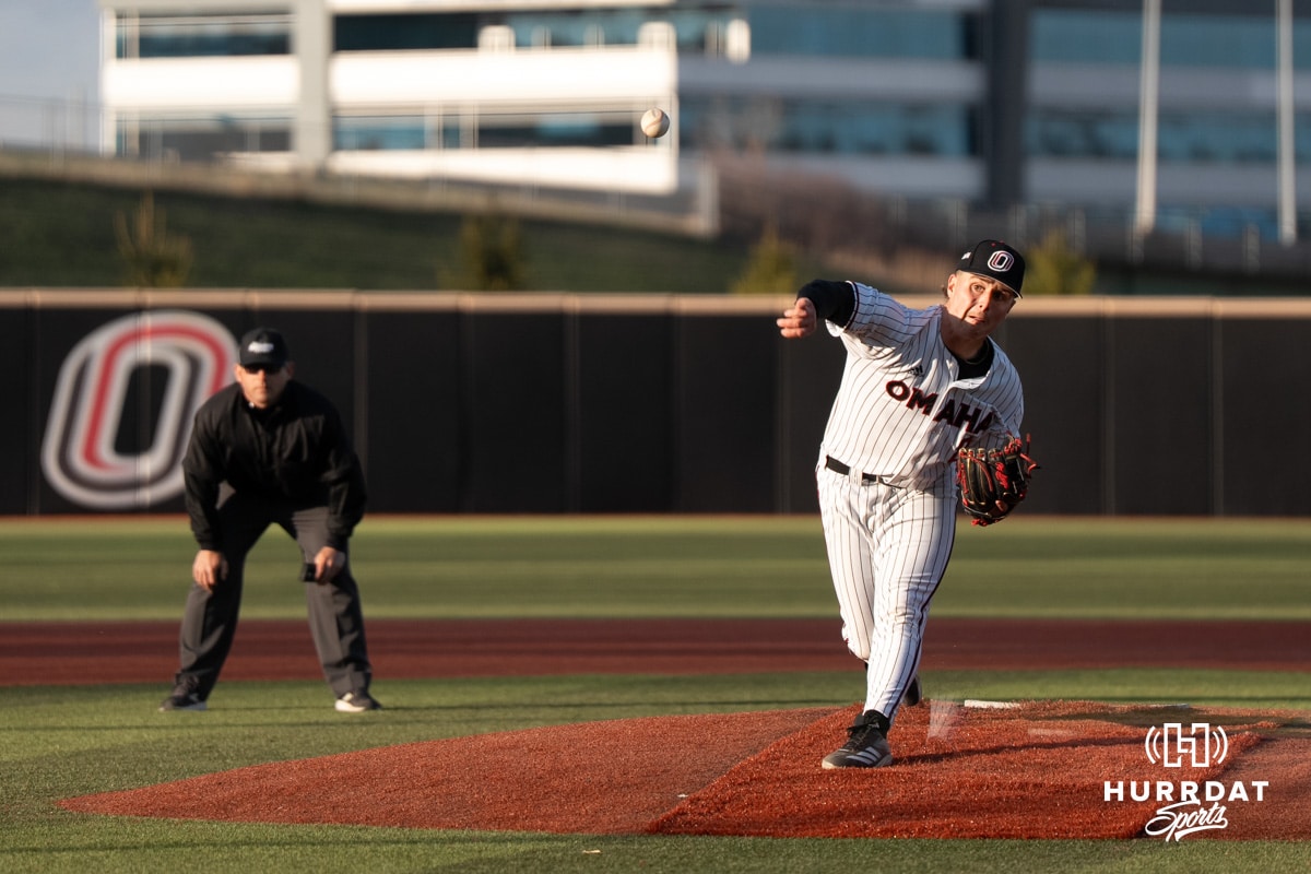 Omaha Mavericks Isaac Cychosz pitches during a college baseball game against Creighton on March 25th, 2025 in Omaha, Nebraska. Photo by Brandon Tiedemann.