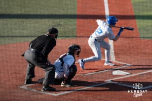 Creighton Bluejays Nick Venteicher waits to bunt during a college baseball game against Omaha on March 25th, 2025 in Omaha, Nebraska. Photo by Brandon Tiedemann.