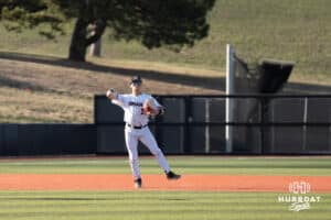 Omaha Mavericks Sam Beck throws to first during a college baseball game against Creighton on March 25th, 2025 in Omaha, Nebraska. Photo by Brandon Tiedemann.