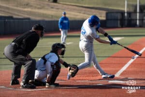 Creighton Bluejays Dakota Duffalo hits during a college baseball game against Omaha on March 25th, 2025 in Omaha, Nebraska. Photo by Brandon Tiedemann.