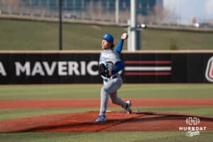 Creighton Bluejays Shea Wendt pitches during a college baseball game against Omaha on March 25th, 2025 in Omaha, Nebraska. Photo by Brandon Tiedemann.
