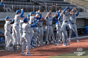 Creighton Bluejays Ben North celebrates a homerun during a college baseball game against Omaha on March 25th, 2025 in Omaha, Nebraska. Photo by Brandon Tiedemann.