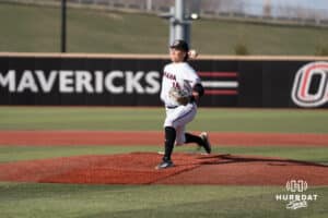 Omaha Mavericks Tanner Foerstch pitches during a college baseball game against Creighton on March 25th, 2025 in Omaha, Nebraska. Photo by Brandon Tiedemann.