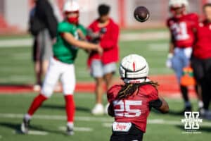 Running back Kenneth Williams makes a catch during Nebraska football practice Thursday, March 27, 2025 in Lincoln, Nebraska. Photo by John S. Peterson.