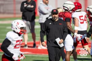 Head coach Matt Rhule watching the action during Nebraska football practice Thursday, March 27, 2025 in Lincoln, Nebraska. Photo by John S. Peterson.