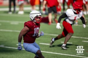 Tightend Heinrich Haarberg (10) runs out for a pass during Nebraska football practice Thursday, March 27, 2025 in Lincoln, Nebraska. Photo by John S. Peterson.