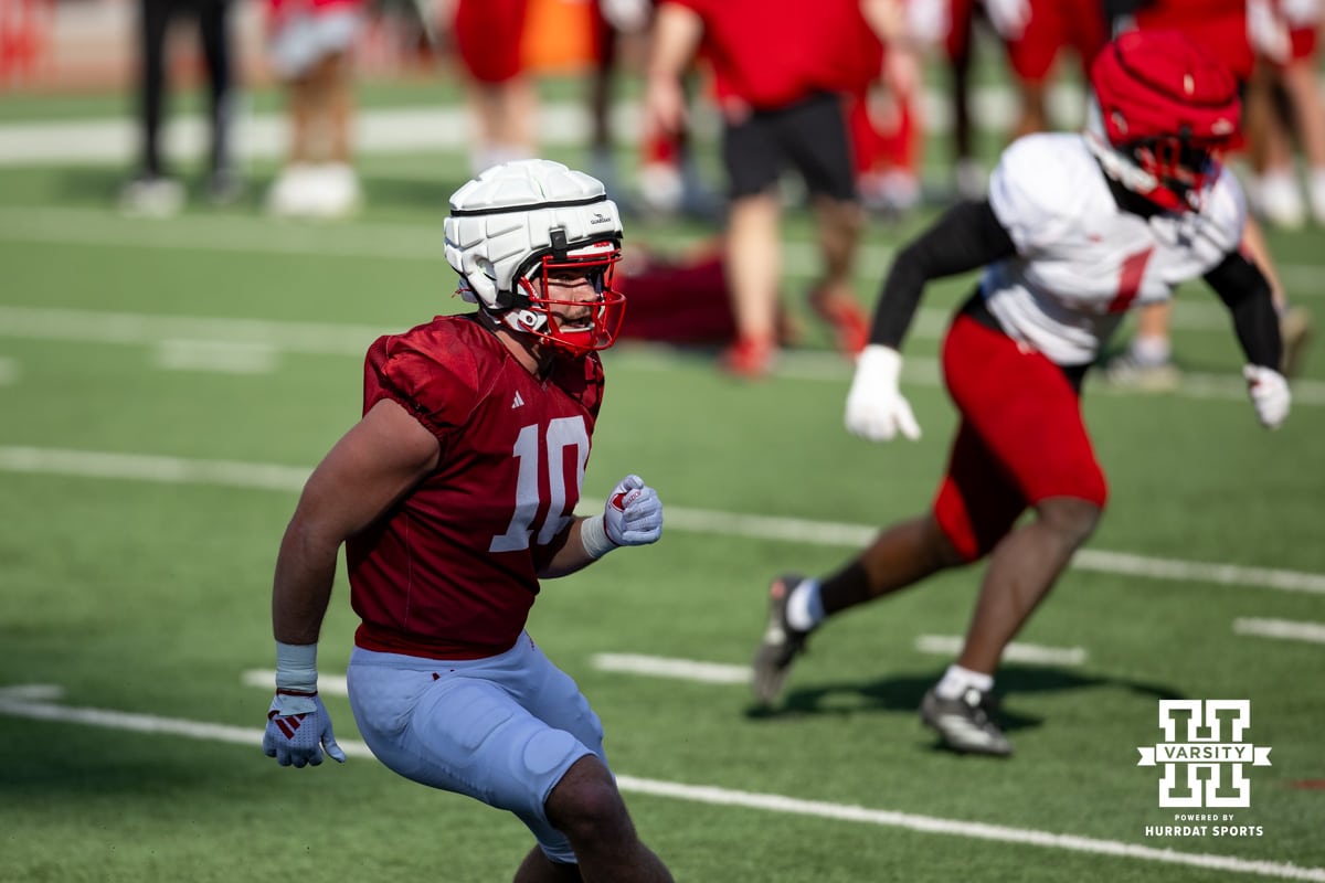 Tightend Heinrich Haarberg (10) runs out for a pass during Nebraska football practice Thursday, March 27, 2025 in Lincoln, Nebraska. Photo by John S. Peterson.