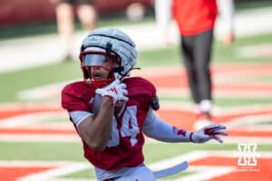 Wide receiver Isaiah Mozee makes a catch during Nebraska football practice Thursday, March 27, 2025 in Lincoln, Nebraska. Photo by John S. Peterson.