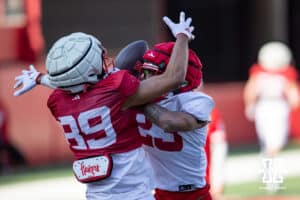 Blye Booth (89) breaks up a pass intended for wide receiver Quinn Clark (89) during Nebraska football practice Thursday, March 27, 2025 in Lincoln, Nebraska. Photo by John S. Peterson.