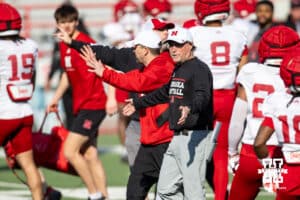 Offiensive Coordinator Dana Holgorsen working with the players during Nebraska football practice Thursday, March 27, 2025 in Lincoln, Nebraska. Photo by John S. Peterson.