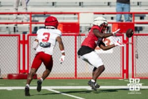 Wide receiver janiran Bonner (16) makes a catch against Marques Buford Jr. during Nebraska football practice Thursday, March 27, 2025 in Lincoln, Nebraska. Photo by John S. Peterson.