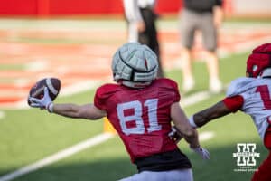 Wide receiver Hayes Miller (81) makes a one-handed catch during Nebraska football practice Thursday, March 27, 2025 in Lincoln, Nebraska. Photo by John S. Peterson.