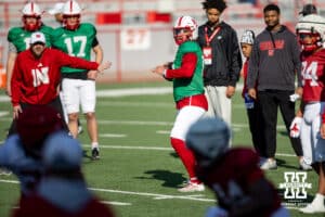 Quarterback Dylan Raiola throws a pass during Nebraska football practice Thursday, March 27, 2025 in Lincoln, Nebraska. Photo by John S. Peterson.