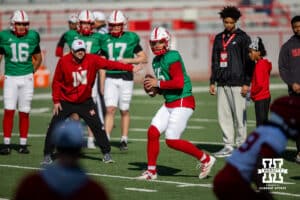 Quarterback Dylan Raiola throws a pass during Nebraska football practice Thursday, March 27, 2025 in Lincoln, Nebraska. Photo by John S. Peterson.