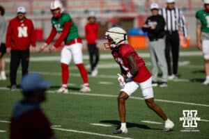 Wide receiver Jacory Barney Jr. lines up to run for a pass during Nebraska football practice Thursday, March 27, 2025 in Lincoln, Nebraska. Photo by John S. Peterson.