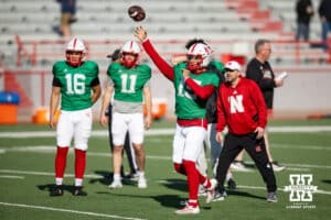 arterback Dylan Raiola throws a pass during Nebraska football practice Thursday, March 27, 2025 in Lincoln, Nebraska. Photo by John S. Peterson.