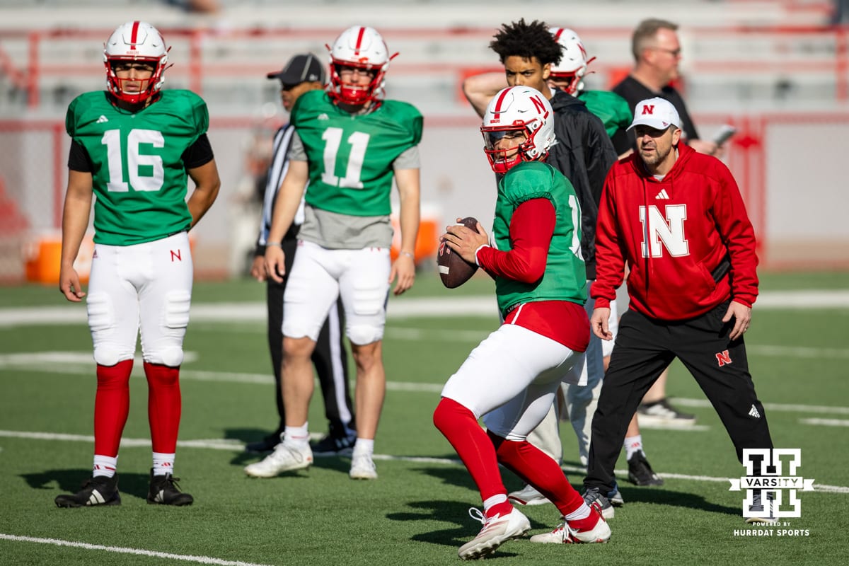 Quarterback Dylan Raiola throws a pass during Nebraska football practice Thursday, March 27, 2025 in Lincoln, Nebraska. Photo by John S. Peterson.