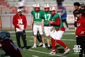 Quarterback Dylan Raiola (15) drops back to throw during Nebraska football practice Thursday, March 27, 2025 in Lincoln, Nebraska. Photo by John S. Peterson.