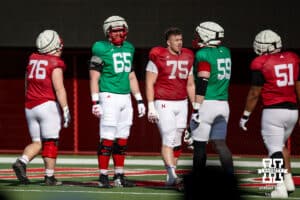 Teddy Prochaszka (65), Tyler Knaak (75) working the offensive line during Nebraska football practice Thursday, March 27, 2025 in Lincoln, Nebraska. Photo by John S. Peterson.