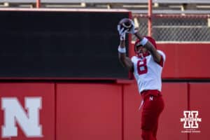 DeShon Singleton (8) catches the ball during Nebraska football practice Thursday, March 27, 2025 in Lincoln, Nebraska. Photo by John S. Peterson.