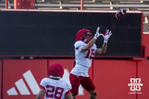 Justyn Rhett (19) makes a catch during Nebraska football practice Thursday, March 27, 2025 in Lincoln, Nebraska. Photo by John S. Peterson.
