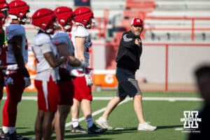 Defensive coordinator John Butler working with the players during Nebraska football practice Thursday, March 27, 2025 in Lincoln, Nebraska. Photo by John S. Peterson.