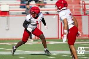 Vincent Shavers (1) running a drill during Nebraska football practice Thursday, March 27, 2025 in Lincoln, Nebraska. Photo by John S. Peterson.
